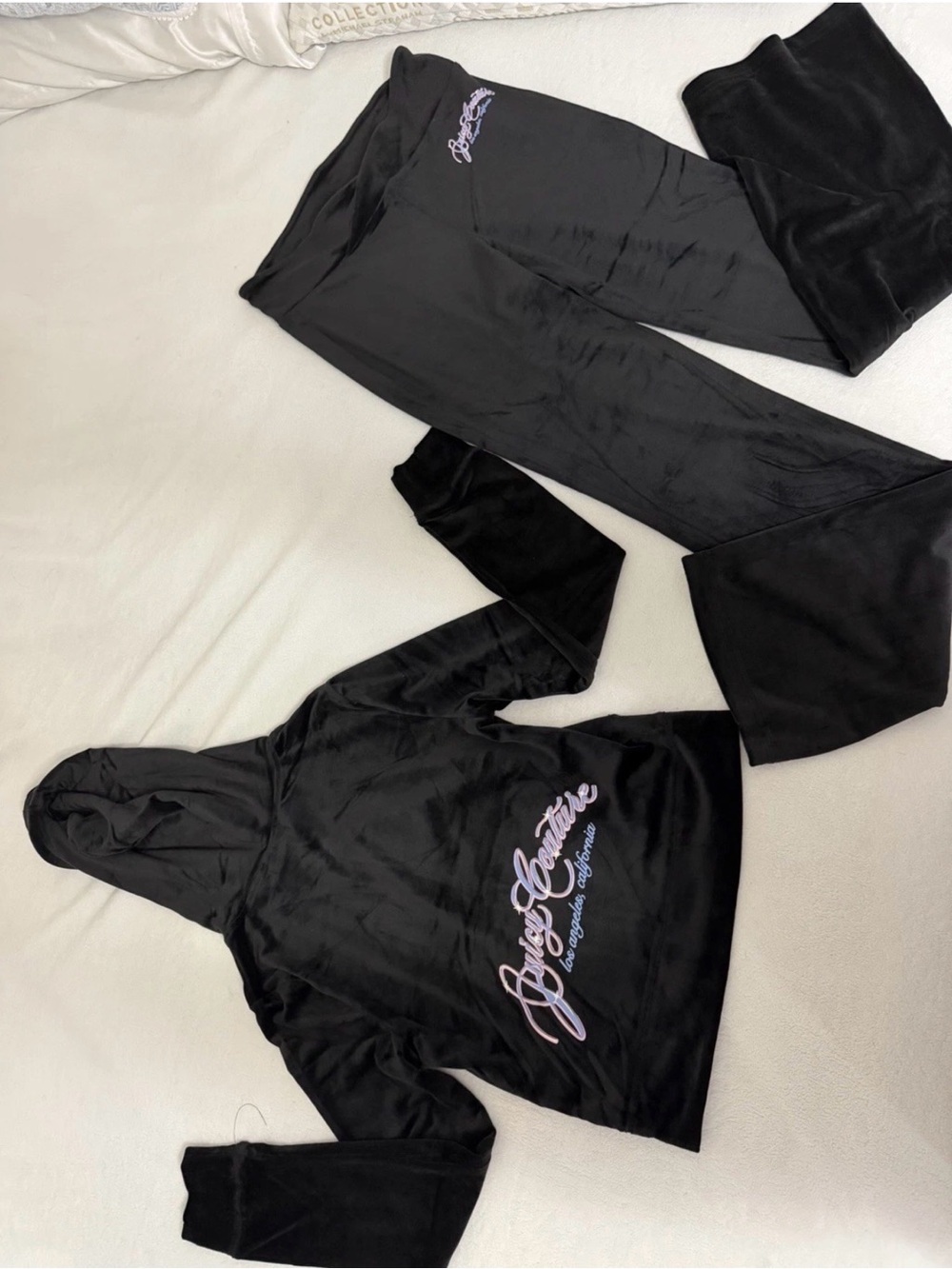 Juicy Couture Womens XS Black Velour Tracksuit Hoodie Flare Pants Set NWT